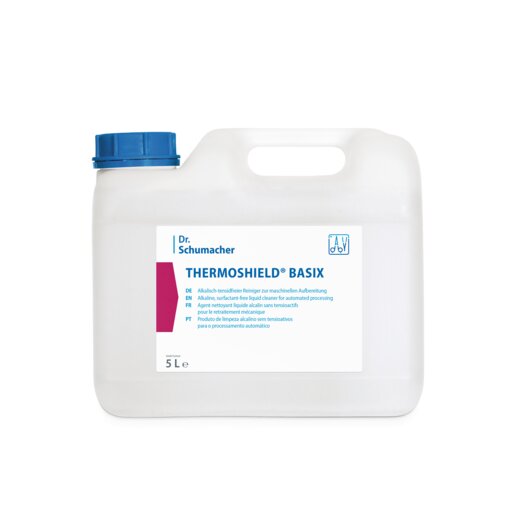 Ein weißer 5-Liter-Kanister der Dr. Schumacher GmbH mit der Aufschrift "THERMOSHIELD BASIX" hat einen blauen Deckel und mehrsprachige Informationen auf der Vorderseite - ideal für den Oberflächenschutz und den Kälteschutz.