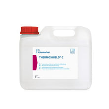 Weißer 5-Liter-Kunststoffkanister mit rotem Deckel und der Aufschrift "Dr. Schumacher THERMOSHIELD C | Kanister (5 l)" der Dr. Schumacher GmbH, mit blau-weißem, mehrsprachigem Etikett für die professionelle Flächendesinfektion.