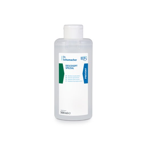 A 500 ml clear bottle from Dr. Schumacher GmbH labeled "Dr. Schumacher Descosept Special, Rapid Disinfection", with a white cap and blue-green accented label, ideal for alcohol-free rapid disinfection of medical inventory.