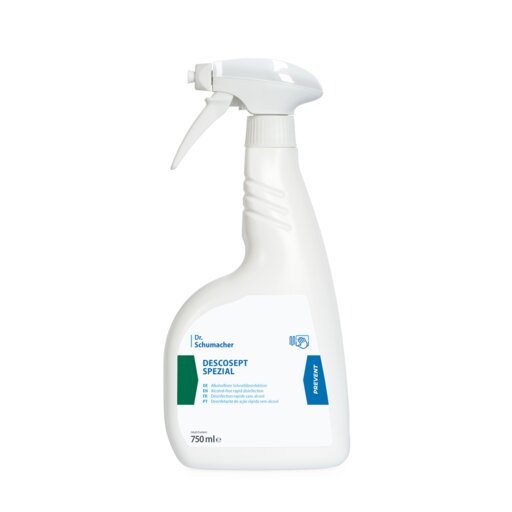A white 750 ml spray bottle labeled "Dr. Schumacher Descosept Special" from Dr. Schumacher GmbH - an alcohol-free disinfectant ideal for rapid disinfection of medical inventory.
