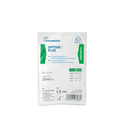 The white 20-ml sachet "Dr. Schumacher Optisal® Plus disinfectant cleaner" from Dr. Schumacher GmbH with green and blue accents is used for surface disinfection and contains instructions in German and English.