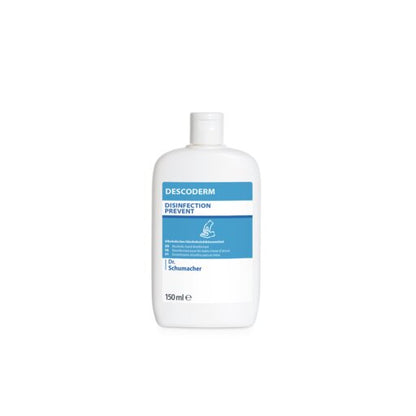 A white 150-ml bottle of Dr. Schumacher Descoderm Industrial Hand Disinfection by Dr. Schumacher GmbH with a blue-white label stands upright on a plain white background.