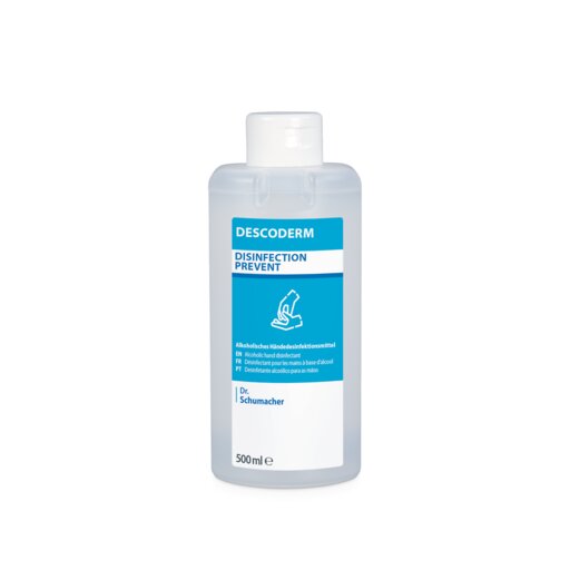 Clear 500-ml bottle of Dr. Schumacher Descoderm Industrial Hand Disinfection by Dr. Schumacher GmbH, with a blue-white label showing a hand and German text; alcohol-based, fragrance-free, with a white cap.
