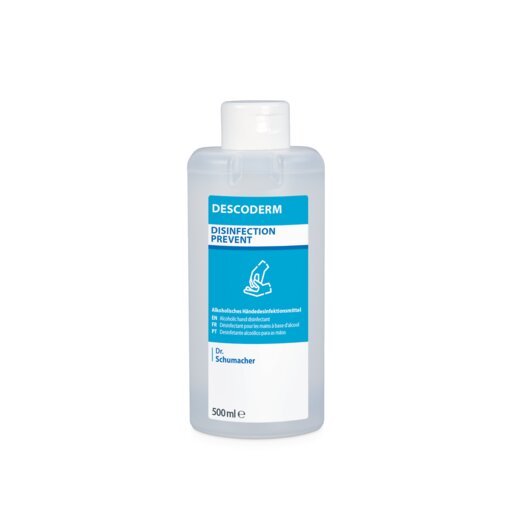 Dr. Schumacher DESCODERM hand disinfectant in a 500 ml bottle made of clear plastic with a white flip-top cap and a blue-white label with product information and a hand disinfection diagram for hand disinfection by Dr. Schumacher GmbH.