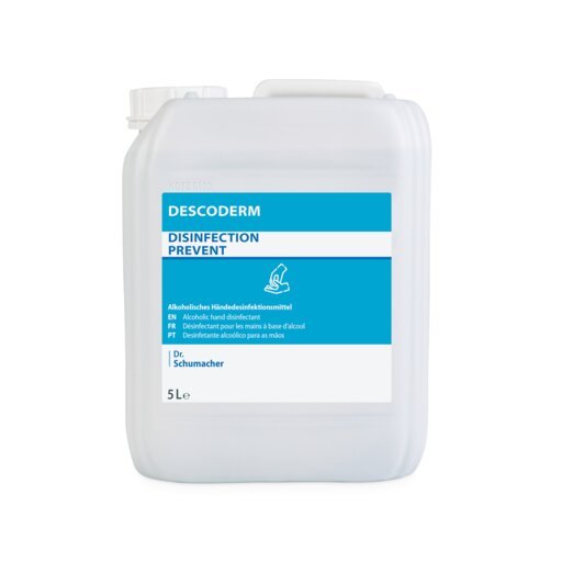 A 5-liter plastic container labeled "Dr. Schumacher DESCODERM hand disinfectant" by Dr. Schumacher GmbH, an alcoholic, perfume-free disinfectant for hand disinfection with a blue-white multilingual label.