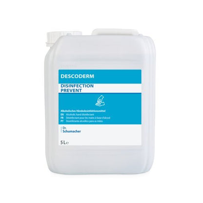 A 5-liter plastic container labeled "Dr. Schumacher DESCODERM hand disinfectant" by Dr. Schumacher GmbH, an alcoholic, perfume-free disinfectant for hand disinfection with a blue-white multilingual label.