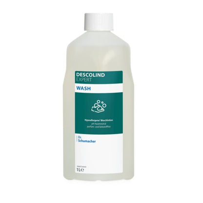 Eine 1-Liter-Plastikflasche der Dr. Schumacher GmbH DESCOLIND EXPERT WASH, eine hypoallergene Hautreinigungslösung, mit weißem Verschluss und grün-weißem Etikett.
