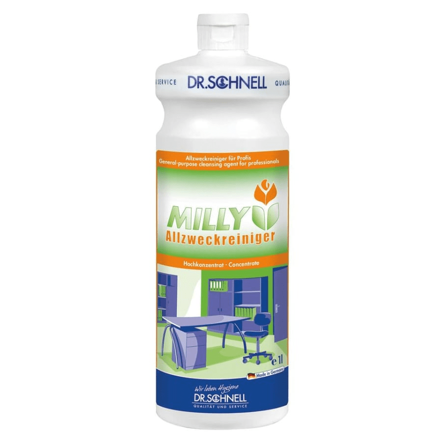 A bottle of Dr. Schnell MILLY ALL-PURPOSE CLEANER by DR.SCHNELL GmbH & Co. KGaA, a concentrated all-purpose cleaner for professionals, depicted with office furniture and cleaning equipment - ideal for powerful grease removal in everyday life.