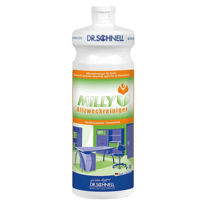 A bottle of Dr. Schnell MILLY ALL-PURPOSE CLEANER by DR.SCHNELL GmbH & Co. KGaA, a concentrated all-purpose cleaner for professionals, depicted with office furniture and cleaning equipment - ideal for powerful grease removal in everyday life.