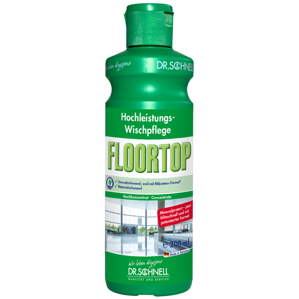 A green 1-liter plastic bottle of DR.SCHNELL GmbH & Co. KGaA Dr. Schnell Floortop Floor Cleaner Concentrate shows a clean floor image and a red label highlighting the new high-performance mopping care formula.
