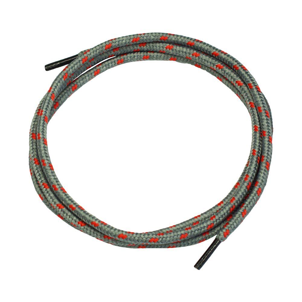 AS Arbeitsschutz GmbH NITRAS shoelaces gray/red (120 cm, 1 pair) with red patterns and black ends - stylishly presented on a white background.