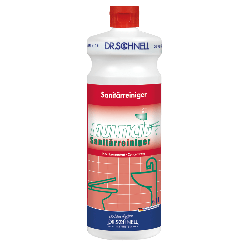The white plastic bottle with a red cap and the inscription "Dr. Schnell MULTICID sanitary cleaner" in green and red lettering from DR.SCHNELL GmbH & Co. KGaA, is ideal as an effective sanitary cleaner for thorough bathroom cleaning.