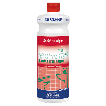 The white plastic bottle with a red cap and the inscription "Dr. Schnell MULTICID sanitary cleaner" in green and red lettering from DR.SCHNELL GmbH & Co. KGaA, is ideal as an effective sanitary cleaner for thorough bathroom cleaning.