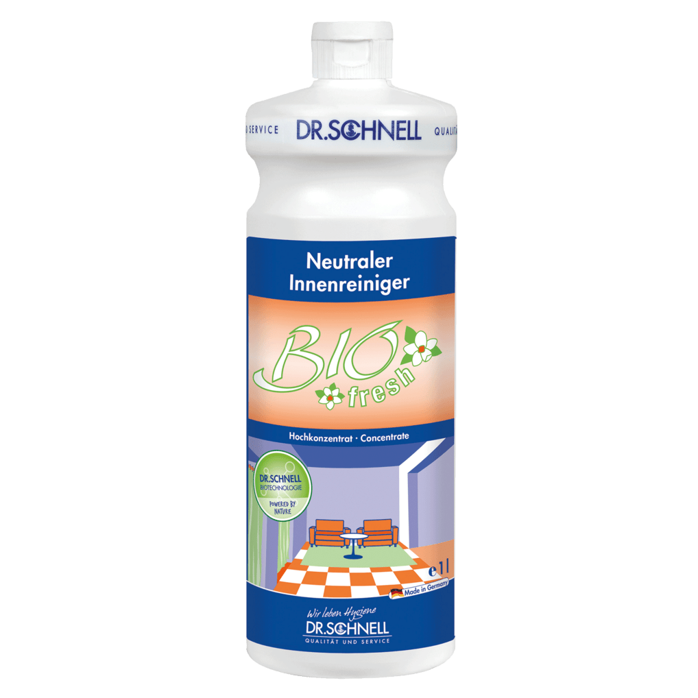 A white 1L bottle of DR.SCHNELL BIOFRESH Probiotic Odor Eliminator for building cleaning and room freshness by DR.SCHNELL GmbH & Co. KGaA, with a blue-orange label and interior graphic - ideal for long-lasting freshness.
