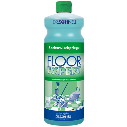A green-blue bottle of DR.SCHNELL GmbH & Co. KGaA Dr. Schnell FLOOR EXPERT floor cleaner concentrate shows a German text on the label and images of people cleaning floors.