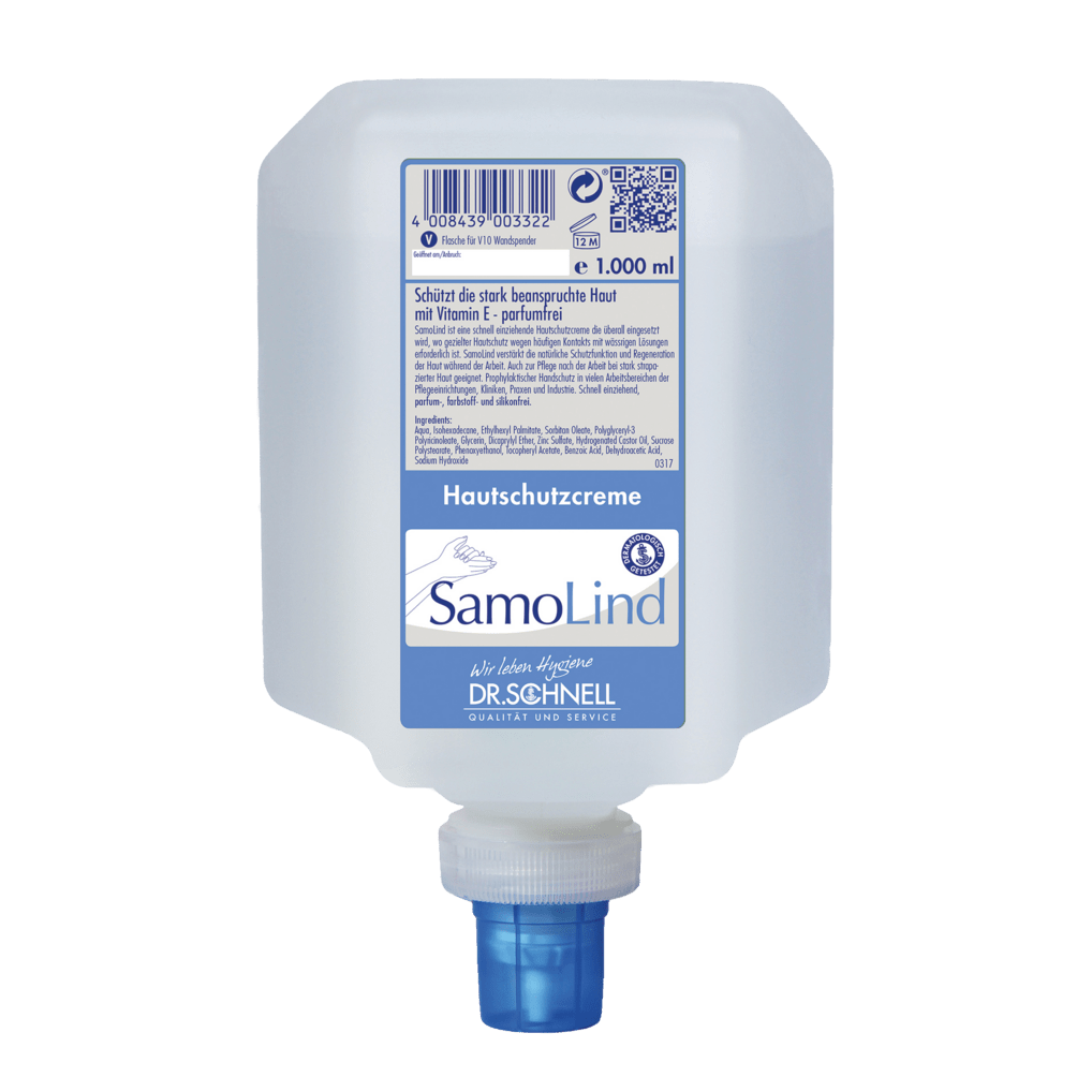 A 1,000 ml container of Dr. Schnell SAMOLIND skin protection by DR.SCHNELL GmbH & Co. KGaA is equipped with a blue dispenser cap and German product information on a white-blue label.