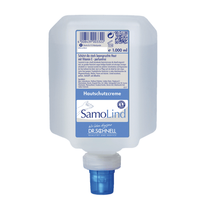 A 1,000 ml container of Dr. Schnell SAMOLIND skin protection by DR.SCHNELL GmbH & Co. KGaA is equipped with a blue dispenser cap and German product information on a white-blue label.
