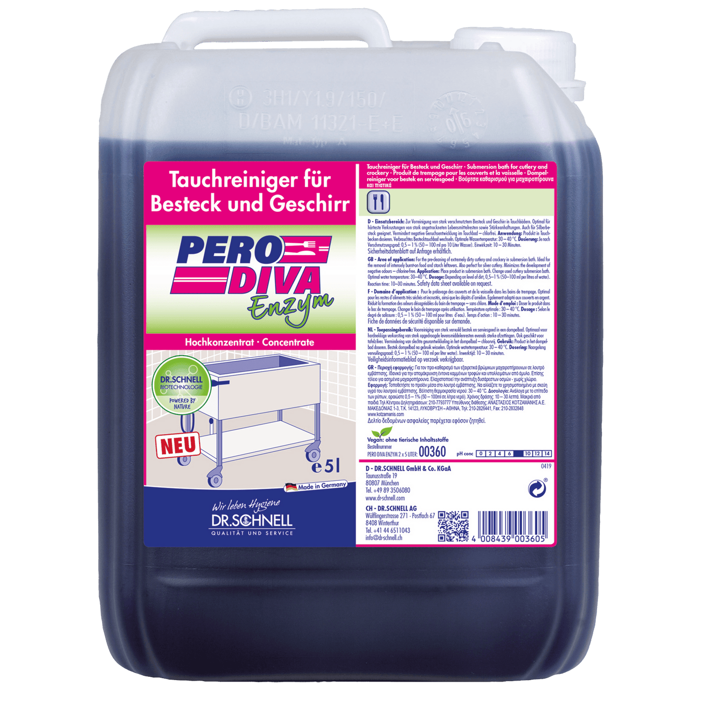 A 5-liter plastic container of the Dr. Schnell PERO DIVA immersion cleaner for kitchen and food hygiene from DR.SCHNELL GmbH & Co. KGaA, with a pink and white label featuring product information, instructions, and images of sparkling dishes.