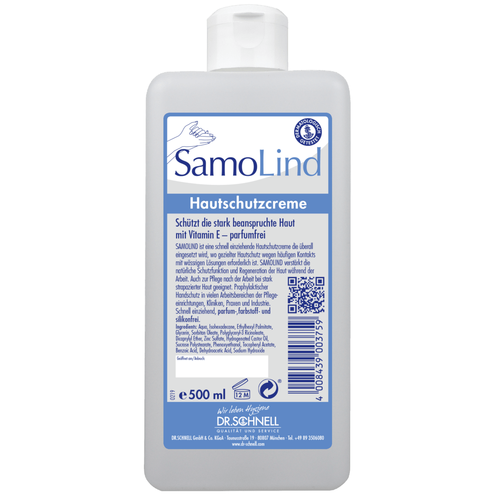 A 500 ml bottle Dr. Schnell SAMOLIND skin protection by DR.SCHNELL GmbH & Co. KGaA with blue-white labeling, product details, barcode, QR code, and text about skin protection with Vitamin E for professional use.