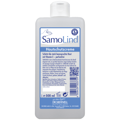 A 500 ml bottle Dr. Schnell SAMOLIND skin protection by DR.SCHNELL GmbH & Co. KGaA with blue-white labeling, product details, barcode, QR code, and text about skin protection with Vitamin E for professional use.