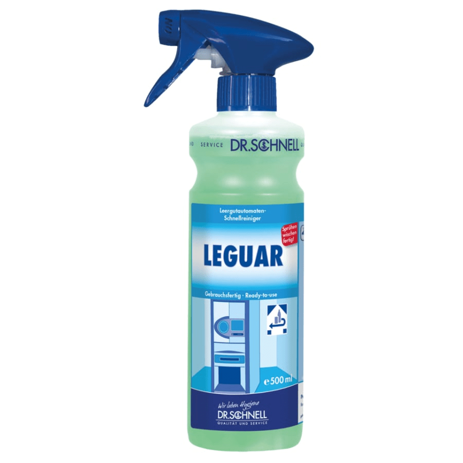 The Dr. Schnell LEGUAR spray head surface cleaner (500 ml) from DR.SCHNELL GmbH & Co. KGaA features a blue trigger and a label with instructions, ideal for washing machines, dishwashers, and building cleaning tasks.
