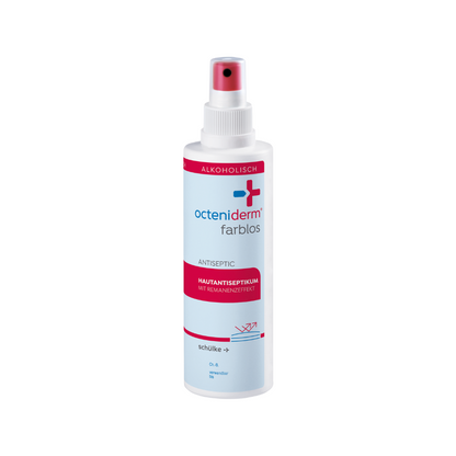 A white-pink spray bottle with the inscription "Schülke Octeniderm® colorless" from Schülke & Mayr GmbH is an alcohol-based skin antiseptic for preoperative skin antisepsis and postoperative suture care, with a red nozzle and German text indicating its use.