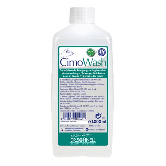 Die 1.000 ml Flasche Dr. Schnell CIMOWASH Antimikrobielle Waschlotion von DR.SCHNELL GmbH & Co. KGaA mit weißer Kappe und detailliertem, mehrsprachigem Etikett für sanfte Reinigung und Hautschutz.
