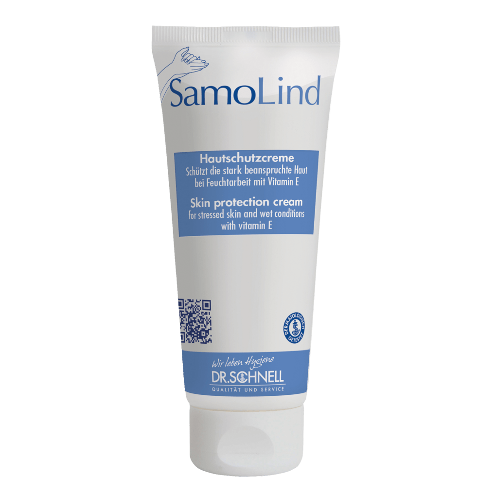 A white tube Dr. Schnell SAMOLIND skin protection by DR.SCHNELL GmbH & Co. KGaA with blue accents and German/English text. The cream protects stressed skin from moisture and contains Vitamin E.