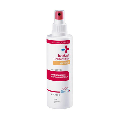 A white-pink spray bottle Schülke kodan® Tincture forte skin antiseptic colored by Schülke & Mayr GmbH with German text and white cap.