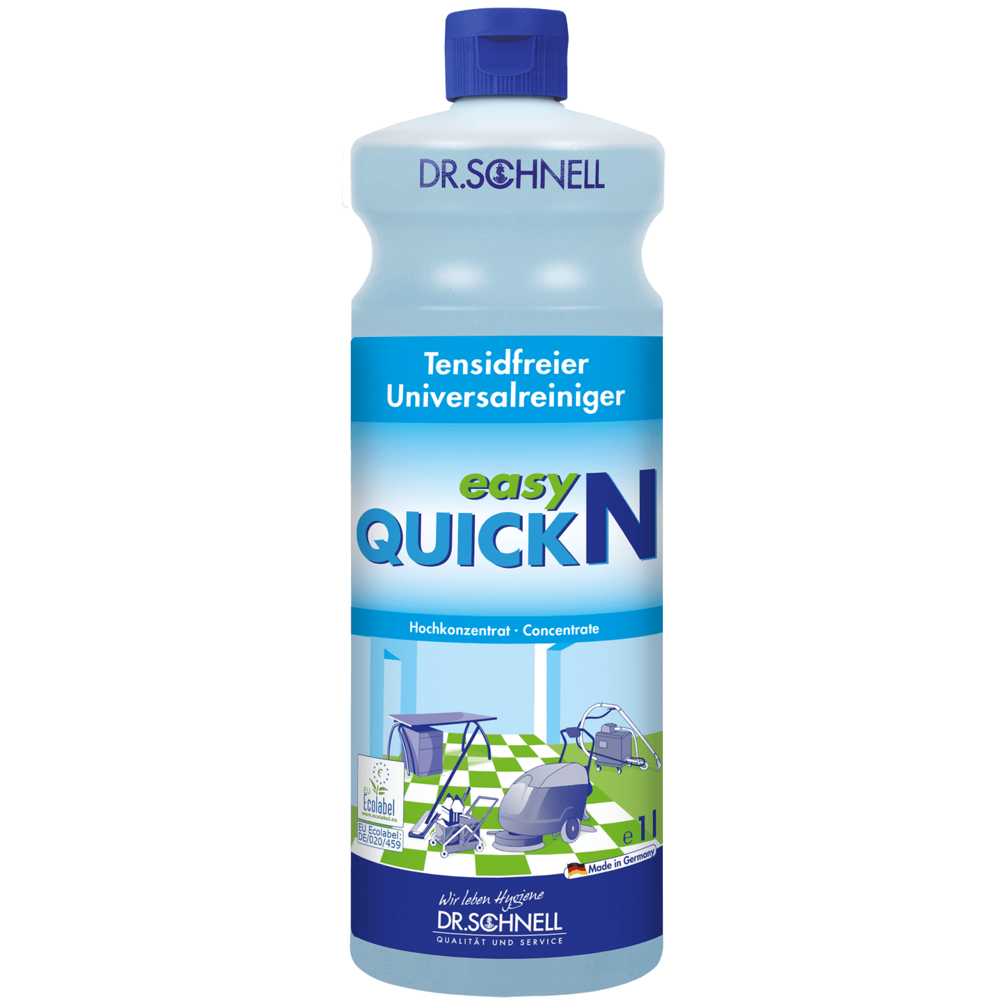 A bottle Dr. Schnell EASY QUICK by DR.SCHNELL GmbH & Co. KGaA has a blue cap and a German label with cleaning equipment and surfaces, indicating that it is a concentrated, versatile cleaning agent for professional use.
