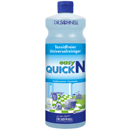 A bottle Dr. Schnell EASY QUICK by DR.SCHNELL GmbH & Co. KGaA has a blue cap and a German label with cleaning equipment and surfaces, indicating that it is a concentrated, versatile cleaning agent for professional use.