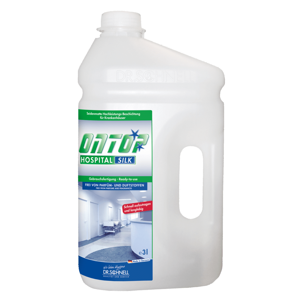 White 3-liter plastic bottle with handle, labeled "Dr. Schnell ONTOP HOSPITAL SILK Silk Matt High-Performance Coating for Floors in Hospitals" by DR.SCHNELL GmbH & Co. KGaA, with clean images of hospital rooms.