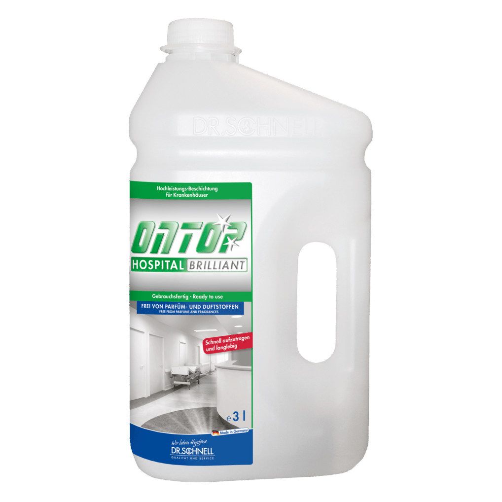 A 3-liter bottle of DR.SCHNELL ONTOP HOSPITAL BRILLIANT high-performance coating for floors, glossy, from DR.SCHNELL GmbH & Co. KGaA; with handle, screw cap, and a blue-green label with product information and a hospital corridor image.