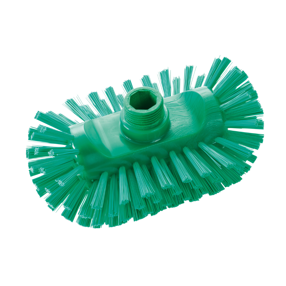 The Haug Bürsten KG kettle brush PBT Hard (200x125x105 mm), here in green, has stiff PBT bristles in a circular shape with central threaded hole - ideal for hygienic cleaning; available in various colors.