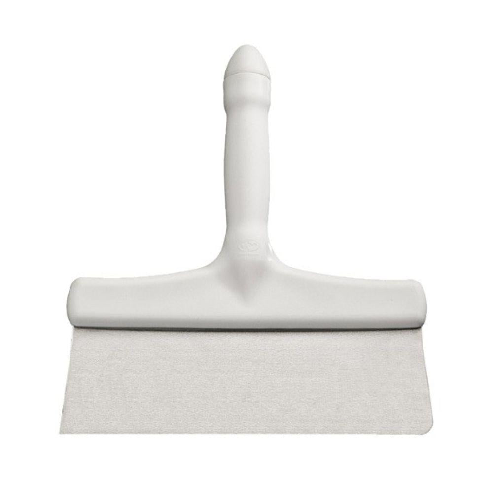 The Haug Bürsten KG HAND SCRAPER WITH PLASTIC HANDLE STAINLESS STEEL SCRAPER (250x290x30mm) has a white plastic handle and a flat blade made of stainless steel for cutting or scraping dough, depicted on a plain white background.