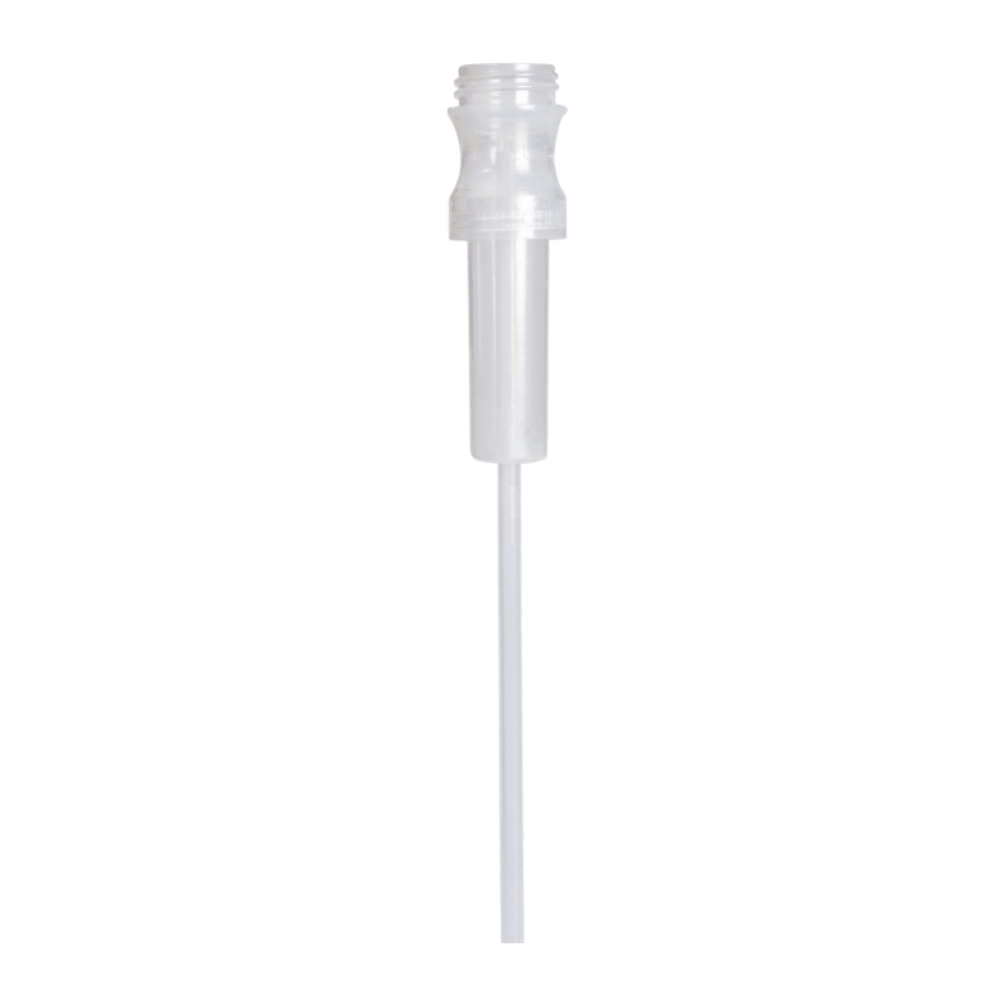 A close-up of the needle shows the precise dosing that is achieved with the Dr. Schnell small dispenser with return, accessory for round bottle (1 piece) from DR.SCHNELL GmbH & Co. KGaA.
