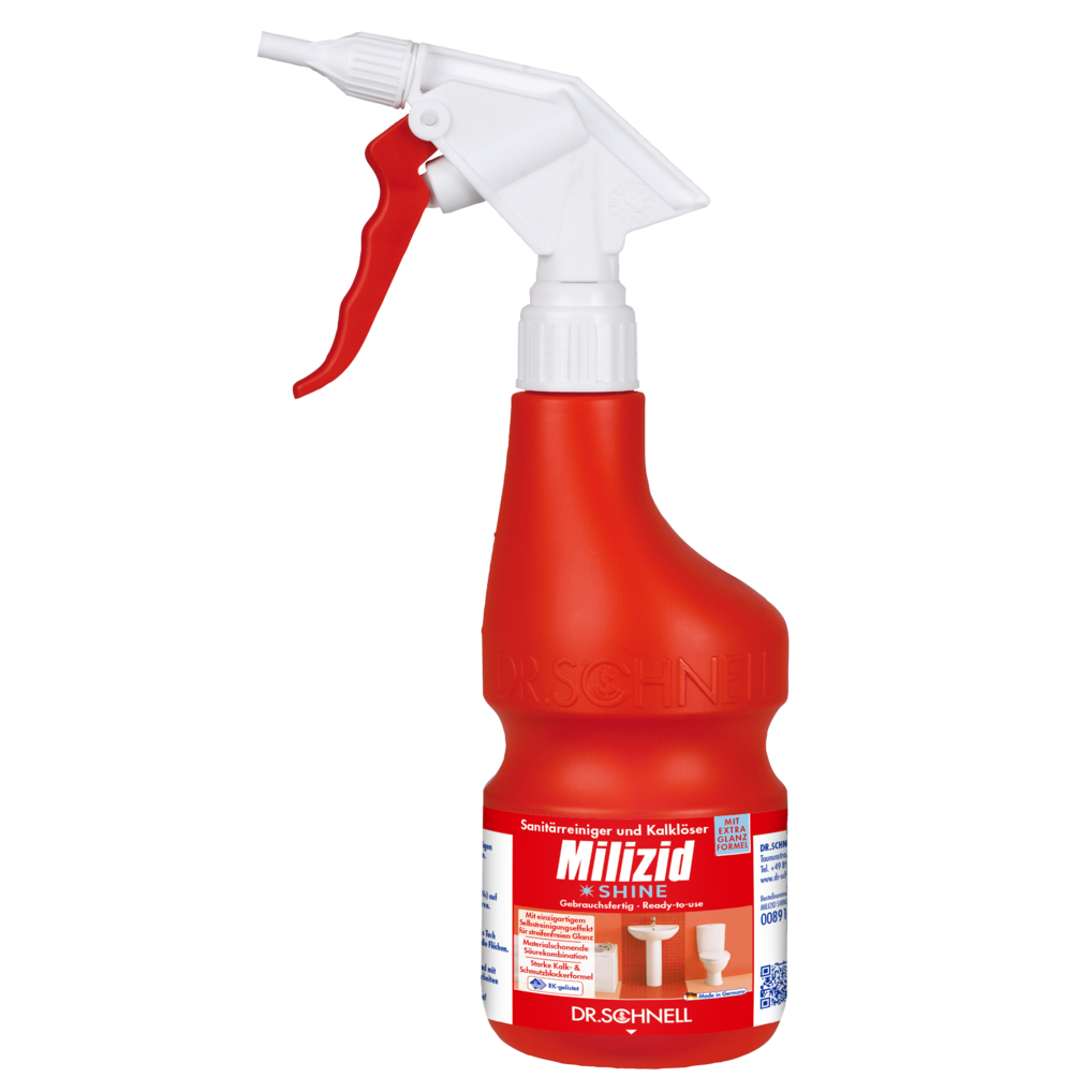 Ein roter Dr. Schnell Handsprüher leer 600 ml von DR.SCHNELL GmbH & Co. KGaA mit blau-weiß-rotem deutschem Etikett zur Verwendung als Reinigungsmittel.