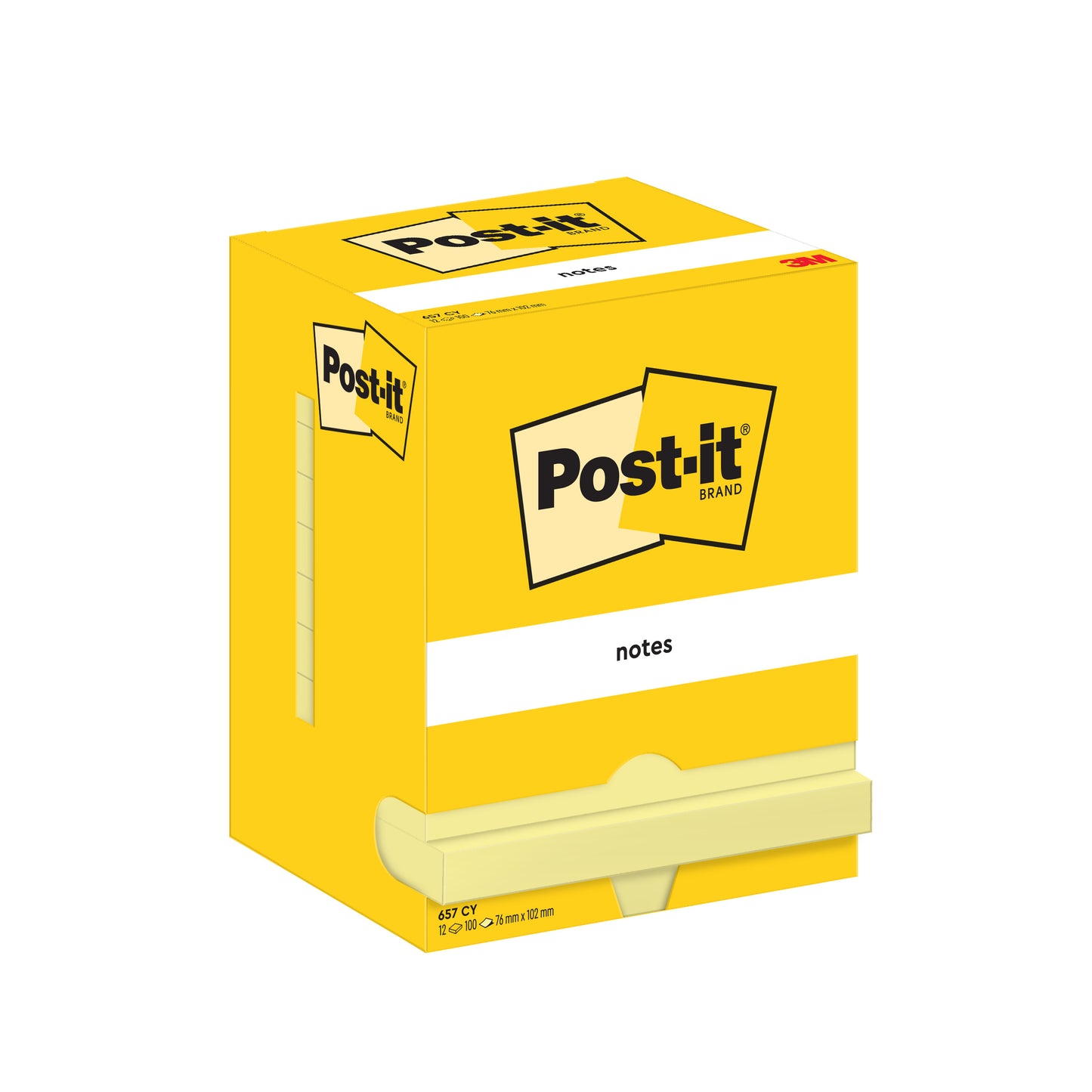 The 3M Deutschland GmbH Post-it® Notes in Yellow (76x102 mm, 100 sheets/block, 12 blocks/carton packaging) are PEFC-certified - perfect for orderly and sustainable dispensing of eco-friendly sticky notes.