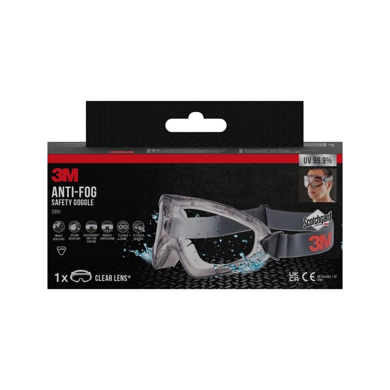 Pictured is a box of 3M™ Safety Glasses 2891 with Scotchgard™ Protector Anti-Fog, Indirectly Vented, Clear Lens from 3M Deutschland GmbH; the packaging highlights the anti-fog coating and 99.9% UV protection.