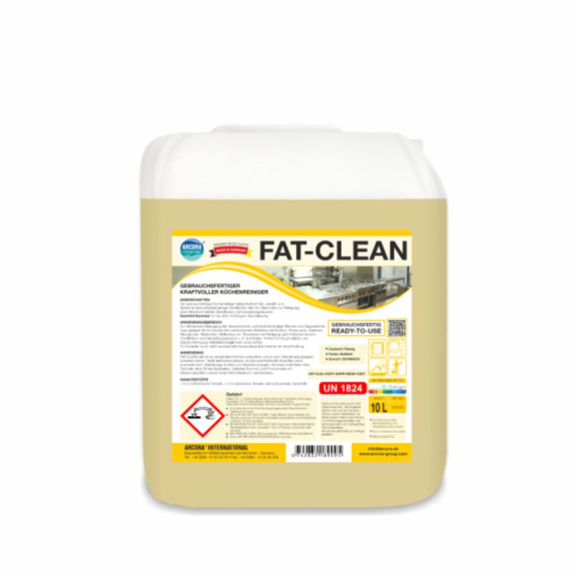 A rectangular 10-liter canister labeled "Arcora Fat-Clean Ready-to-Use Powerful Kitchen Cleaner" by Arcora International GmbH, with hazard symbols, usage instructions, kitchen images, and a white lid.