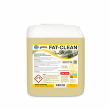 Ein rechteckiger 10-Liter-Kanister mit der Aufschrift "Arcora Fat-Clean Gebrauchsfertiger Kraftvoller Küchenreiniger" der Arcora International GmbH, mit Gefahrensymbolen, Verwendungshinweisen, Küchenbildern und weißem Deckel.