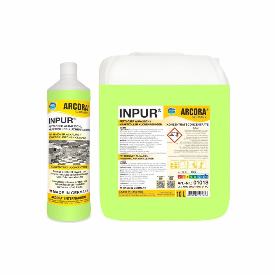 Two Arcora INPUR GREASE REMOVER ALKALINE / POWERFUL KITCHEN CLEANER containers from Arcora International GmbH: a white bottle with a yellow cap and label, and a large transparent yellow-green 10L jug. Alkaline formula for powerful kitchen cleaning.