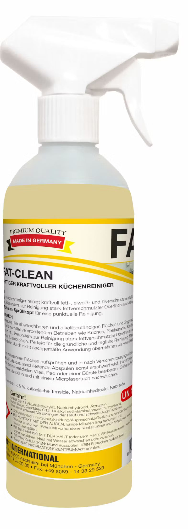 A spray bottle labeled "Discontinued item: Arcora fat-clean 500 ml ready-to-use powerful kitchen cleaner" from Arcora International GmbH, with a white spray head, German text, and a red-yellow "Made in Germany" badge.
