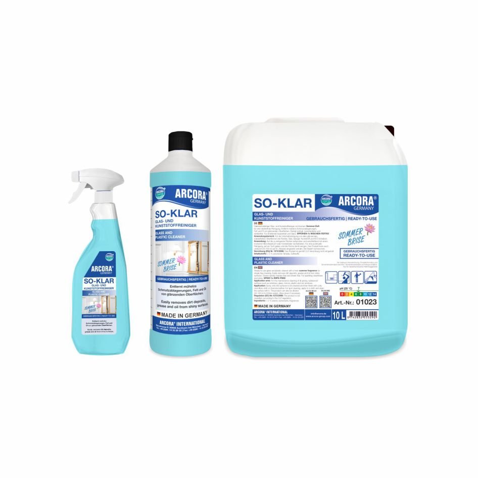 Arcora SO-KLAR glass and plastic cleaner from Arcora International GmbH is available in spray, 1L, and 10L containers with blue liquid and white-blue labels for streak-free cleaning.