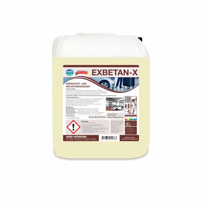 A white 10-liter canister labeled "Arcora Exbetan-X Workshop and Industrial Cleaner" from Arcora International GmbH, with product information, barcode, safety pictograms, and warning symbols for industrial and workshop cleaning.