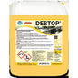 A yellow 10L canister "Discontinued item: Arcora destop alkaline disinfectant cleaner" from Arcora International GmbH with a white lid, label with safety warnings, product information, and hazard symbols.