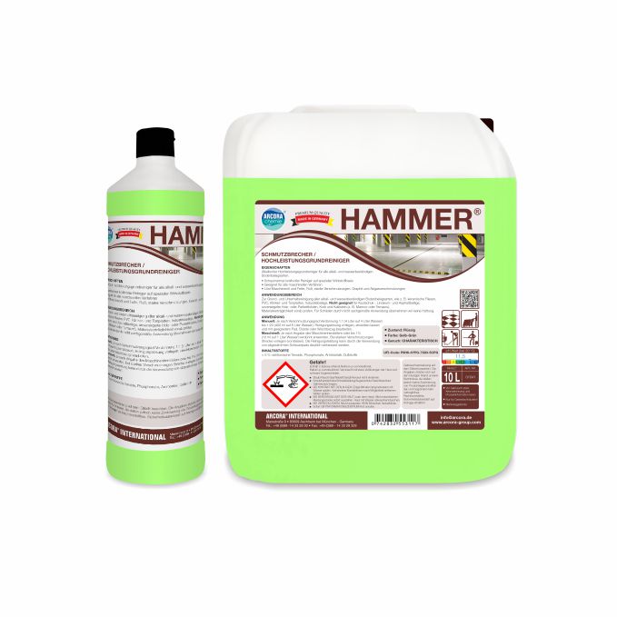 Pictured are two containers of the Arcora Hammer Dirt Breaker / High-Performance Base Cleaner from Arcora International GmbH: a 1-liter bottle (left) and a 10-liter canister (right), both with a white label, red lettering, and warning symbols.