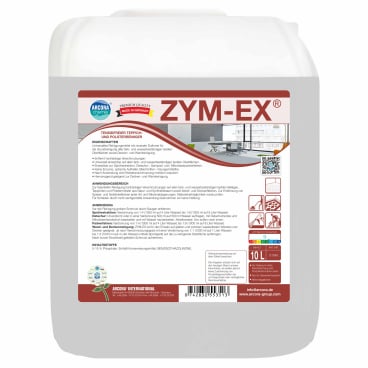 A white 10-liter plastic canister labeled "Arcora zym-ex" by Arcora International GmbH is a surfactant-free carpet and upholstery cleaner with product information, instructions, symbols, and QR codes for industrial cleaning or disinfection.