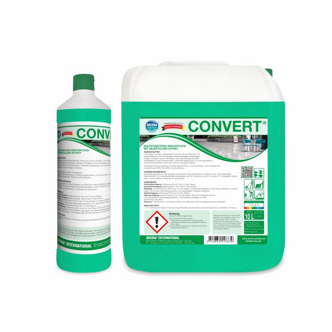 Two containers of Arcora CONVERT MULTIFUNCTIONAL FLOOR CARE WITH SELF-GLOSS EFFECT from Arcora International GmbH - a tall bottle and a large canister - are labeled with symbols highlighting the benefits of multifunctional floor cleaning and self-gloss.