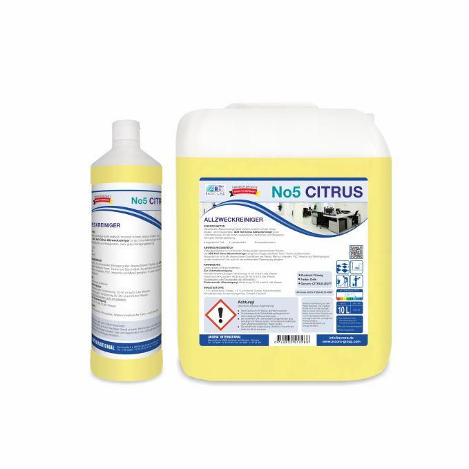 Pictured are two yellow Arcora No5 Citrus All-Purpose Cleaner containers from Arcora International GmbH: a 1-liter bottle and a 10-liter canister, both with a white-blue label, instructions, and citrus scent.